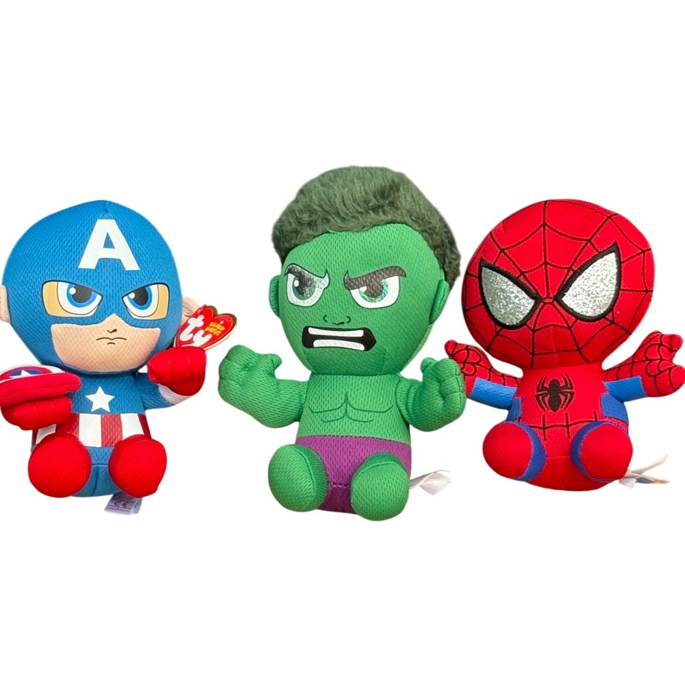 Ty Marvel Beanie Babies Avengers Plush Set Spider-Man Hulk Captain America